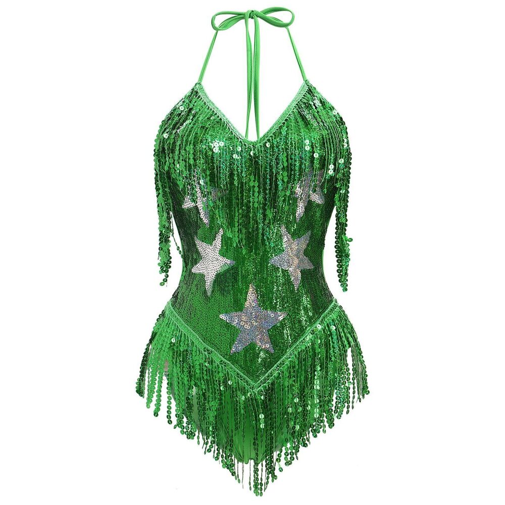 1909 Rave Outfits Music Festival Sexy Backless V Neck Star Sequins Tassel